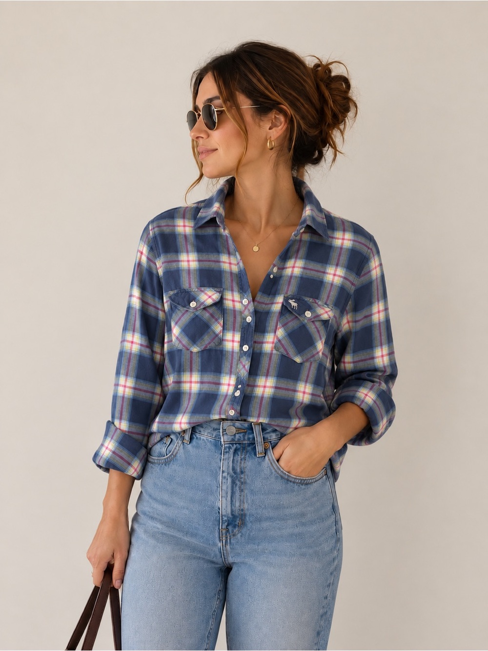 Abercrombie & Fitch Navy Plaid Button-Front Shirt Size L